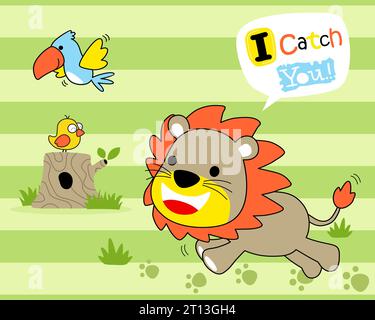 Animals cartoon vector, cute lion playing with birds in forest Stock Vector