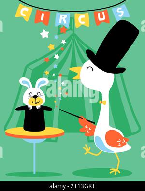 Animal cartoon vector with crane and bunny in magic show Stock Vector