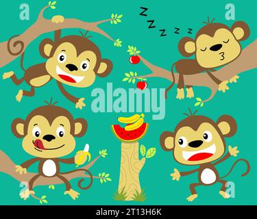 Vector set of funny monkey cartoon in tree branches with fruits Stock Vector