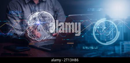 Internet network digital technology, big data, internet network connection, IoT, software development, modern tech concept. Man using laptop cloud com Stock Photo