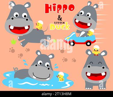 Vector set of hippo and duck cartoon in different action Stock Vector