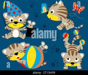 Vector set of cute kittens cartoon in different action with little friends Stock Vector