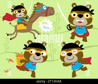 Vector set of little bear cartoon with superhero costume in different action Stock Vector