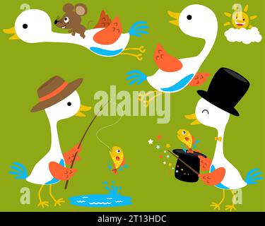 Vector set of white crane cartoon in different action Stock Vector