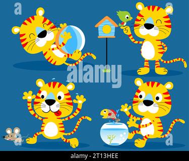 Vector set of funny yellow cat cartoon in different action Stock Vector