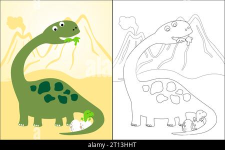 Vector illustration of coloring book with brontosaurus cartoon and it baby Stock Vector