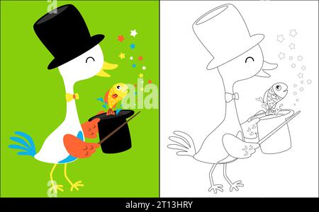 Coloring book of white crane and fish cartoon in magic show Stock Vector
