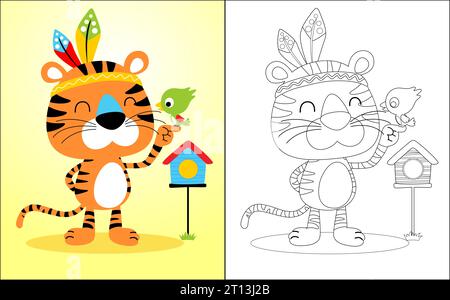 Vector illustration of coloring book with funny tiger cartoon in Indian tribe feather headdress and little bird Stock Vector