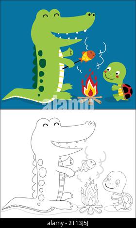 Vector illustration of coloring book with crocodile cartoon and little turtle grilling fish on bonfire Stock Vector