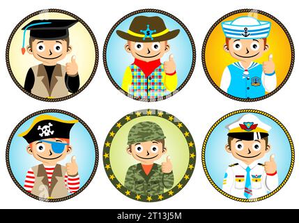 Set of different young boy profession. vector cartoon illustration Stock Vector
