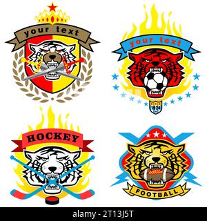 Vector set of tiger head illustration on sport logos Stock Vector