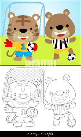 Coloring book of cute tiger and bear in soccer costume, holding ball in football field Stock Vector