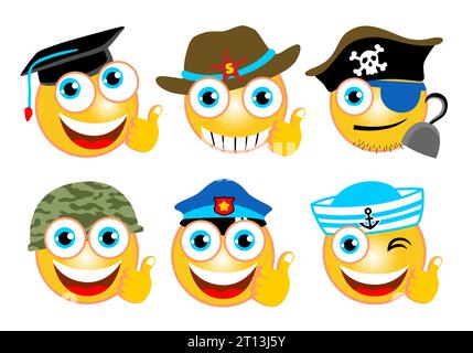 Vector illustration of funny emoticons with different hat or caps Stock Vector