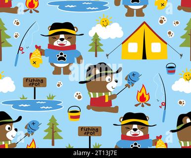 Seamless pattern vector of cute bear cartoon camping in forest, camping elements Stock Vector