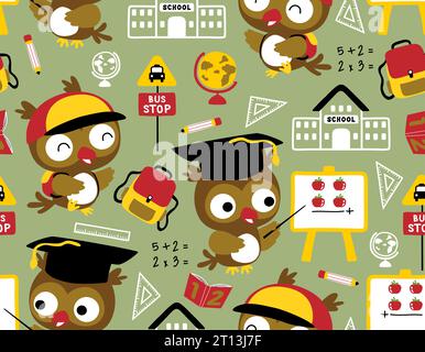Seamless pattern vector of funny owl cartoon, school elements Stock Vector