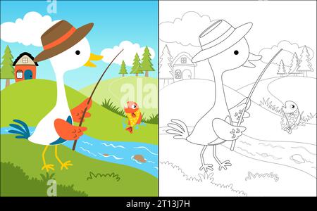 Vector illustration of coloring book with crane cartoon fishing in the river on landscape background Stock Vector