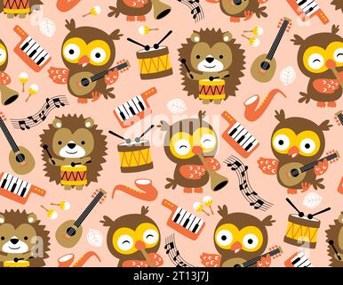 Seamless pattern vector of funny animals cartoon with musical instruments, owl and hedgehog play music Stock Vector