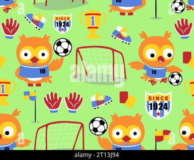 Seamless pattern vector of cute owl playing soccer, soccer elements cartoon Stock Vector