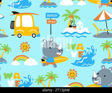 Seamless pattern vector of cute rhino surfing in the beach, summer beach vacation elements cartoon Stock Vector