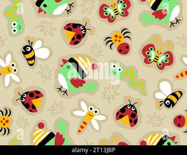 Seamless pattern vector of little bird cartoon with cute bugs Stock Vector