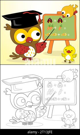 Coloring book or page of birds cartoon. Owl wearing graduation hat teaching math to little birds Stock Vector