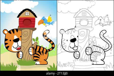 Coloring book or page of funny animals cartoon, tiger playing with bird in forest, birds cage on tree stump Stock Vector