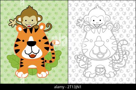 Coloring book or page with funny animals cartoon, tiger and monkey on animals trail background Stock Vector