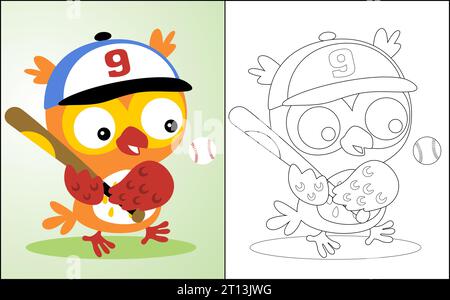 Coloring book or page with funny owl cartoon playing baseball Stock Vector