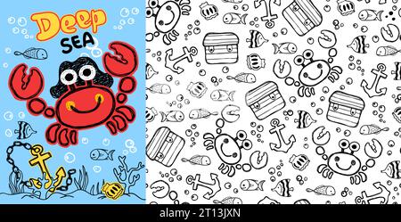 Seamless pattern vector of funny crab cartoon wearing pirate hat with marine life illustration. Stock Vector