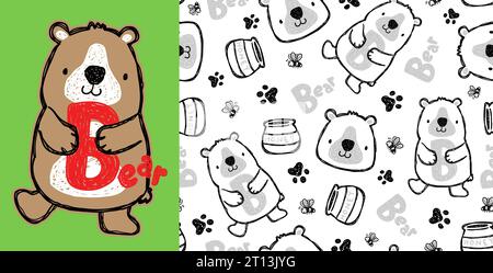 Seamless pattern vector with funny bear cartoon, honey jar, bees and animals trail Stock Vector