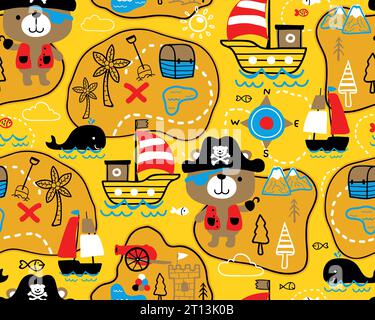 Seamless pattern vector of pirate elements cartoon. Cute bear in pirate costume with sailing equipment Stock Vector