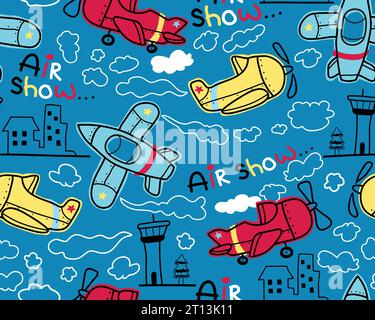 Seamless pattern vector of air transportations cartoon, airport and clouds in hand drawn style Stock Vector