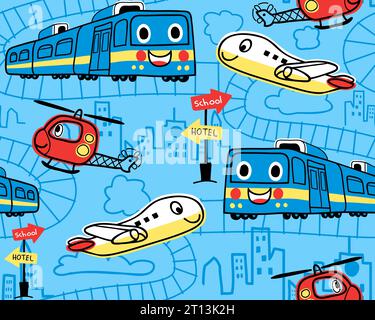 Seamless pattern vector with funny transportations cartoon, buildings and clouds Stock Vector