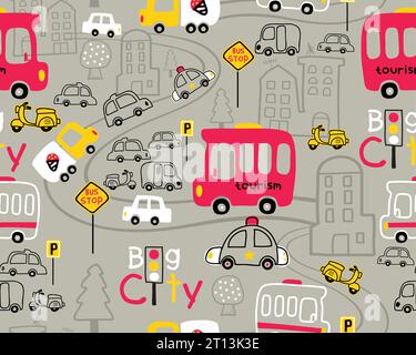 Seamless pattern vector with vehicles cartoon in city road Stock Vector