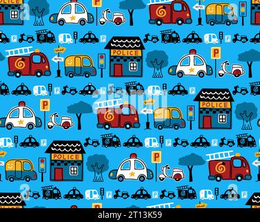 Seamless pattern vector of rescue vehicles cartoon, traffic signs, police station Stock Vector