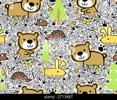 Seamless pattern vector of woods animals cartoon, wood elements cartoon Stock Vector