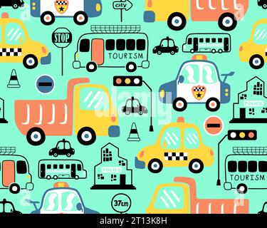 Seamless pattern vector of vehicles cartoon, traffic signs and buildings Stock Vector