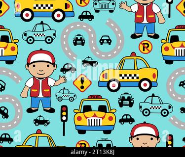 Seamless pattern vector of vehicles cartoon with funny taxi driver. Traffic elements cartoon Stock Vector