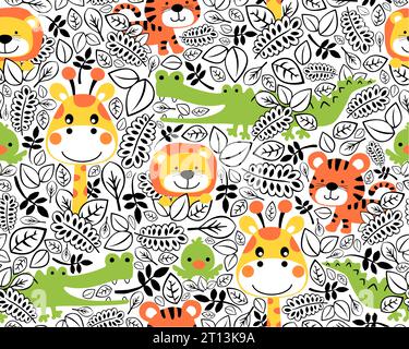 Seamless pattern vector of funny animals cartoon with leaves Stock Vector