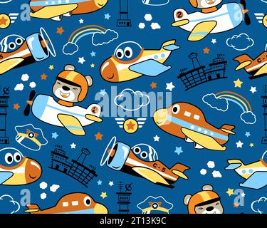 Seamless pattern vector of planes cartoon with funny pilot. Aviation elements cartoon Stock Vector
