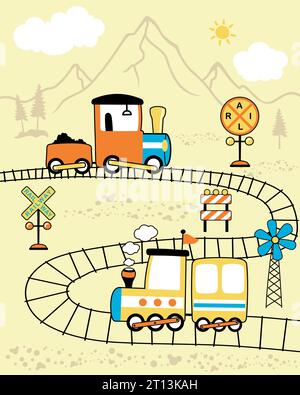 Locomotive cartoon vector on mountain background. Railway elements cartoon Stock Vector