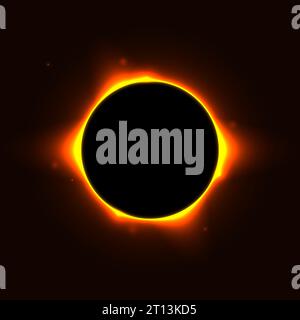 Sun full eclipse concept. Red yellow solar glow background. Moon or planet total eclipse in dark space. Hot star surface flare with rays and beams effects. Vector illustration Stock Vector