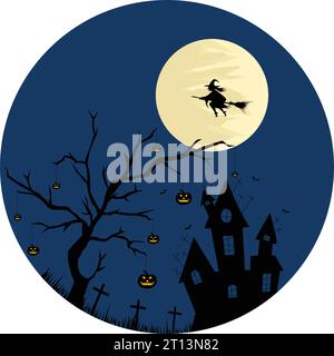 Halloween Pumpkin Tree Hunted House Riding Broom Stock Vector