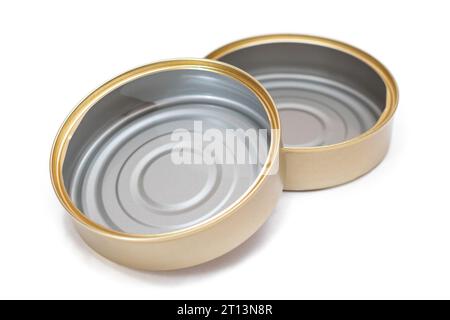 Two Opened Empty Tin Cans Isolated on White Background. Clean Used Aluminum Cans - Isolation. Non-Degradable Inorganic Waste Stock Photo