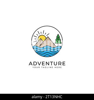Round line art mountain landscape logo. travel and tourism business logo Stock Vector