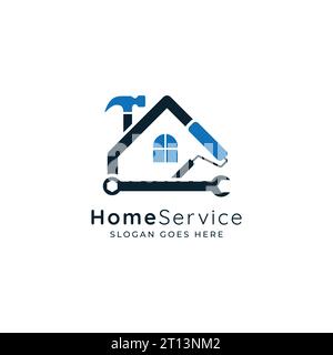 Home services logo, house maintenance and paint service logo design  - house repair and maintenance log with repairing and paint tools. Stock Vector