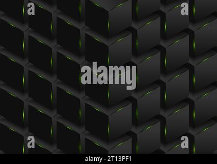 Abstract black 3d cubes with green glowing lights technology background. Geometry vector design Stock Vector