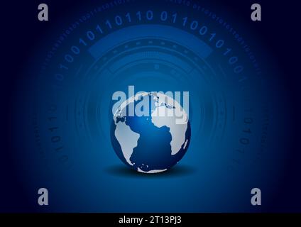 Hi-tech and science dark blue vector design with globe, HUD gear and circular binary code Stock Vector