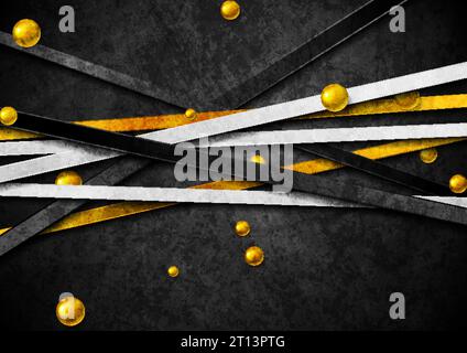 Tech vector graphic design with black white stripes and golden balls. Geometric glossy 3d spheres. Abstract corporate grunge texture background Stock Vector