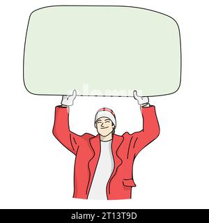 half length of young man in red suit holding green big blank board over his head illustration vector hand drawn isolated on white background Stock Vector
